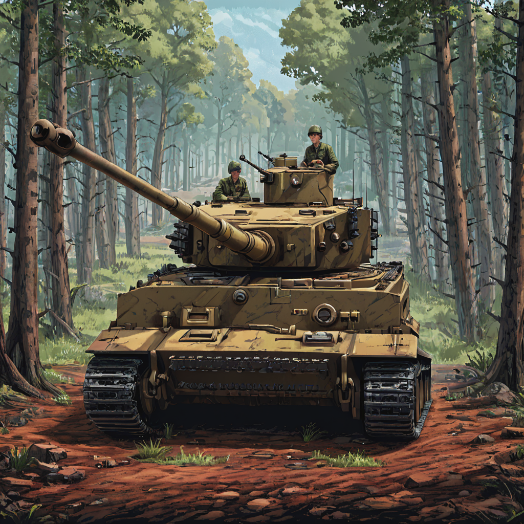 During a quiet moment on the Eastern Front, a crew maintains their tgrtnk tank in a forest clearing, surrounded by birch trees. The scene captures the camaraderie of the crew and the daunting task of keeping such a complex machine operational in harsh conditions, emphasizing the human element of armored warfare  ((pulp_comic, heavy_lines, hand_drawn, hand_inked, hand_colored, perfect_face, apxlz))
