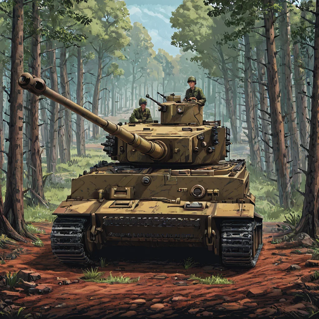 During a quiet moment on the Eastern Front, a crew maintains their tgrtnk tank in a forest clearing, surrounded by birch trees. The scene captures the camaraderie of the crew and the daunting task of keeping such a complex machine operational in harsh conditions, emphasizing the human element of armored warfare ((pulp_comic, heavy_lines, hand_drawn, hand_inked, hand_colored, perfect_face, apxlz))