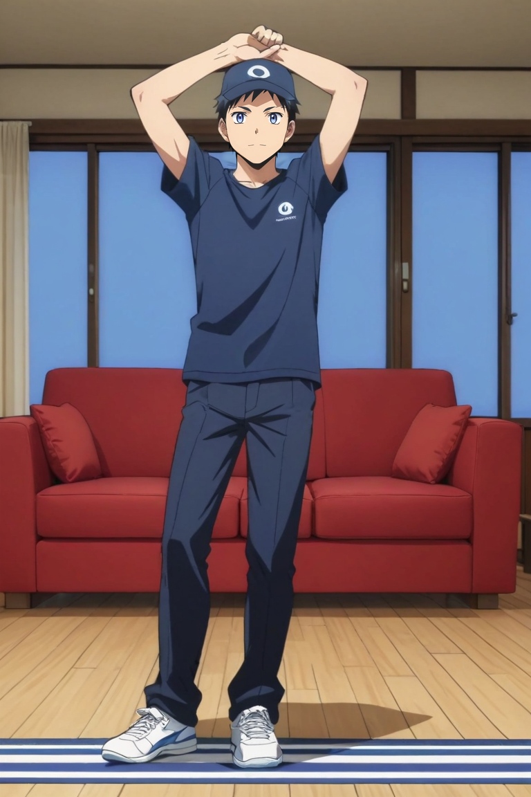 score_9, score_8_up, score_7_up, source_anime, rating_safe, intricate details, anime screencap, , official style, , , 1boy, solo, male focus, <lora:tomohito_sugino_pony:0.78>, tomohito_sugino, black hair, blue eyes, short hair, straight-on, full body, living room, couch, midnight, stretching, seductive smile, , newsboy cap, <lora:sdxl_lightning_8step_lora:1>