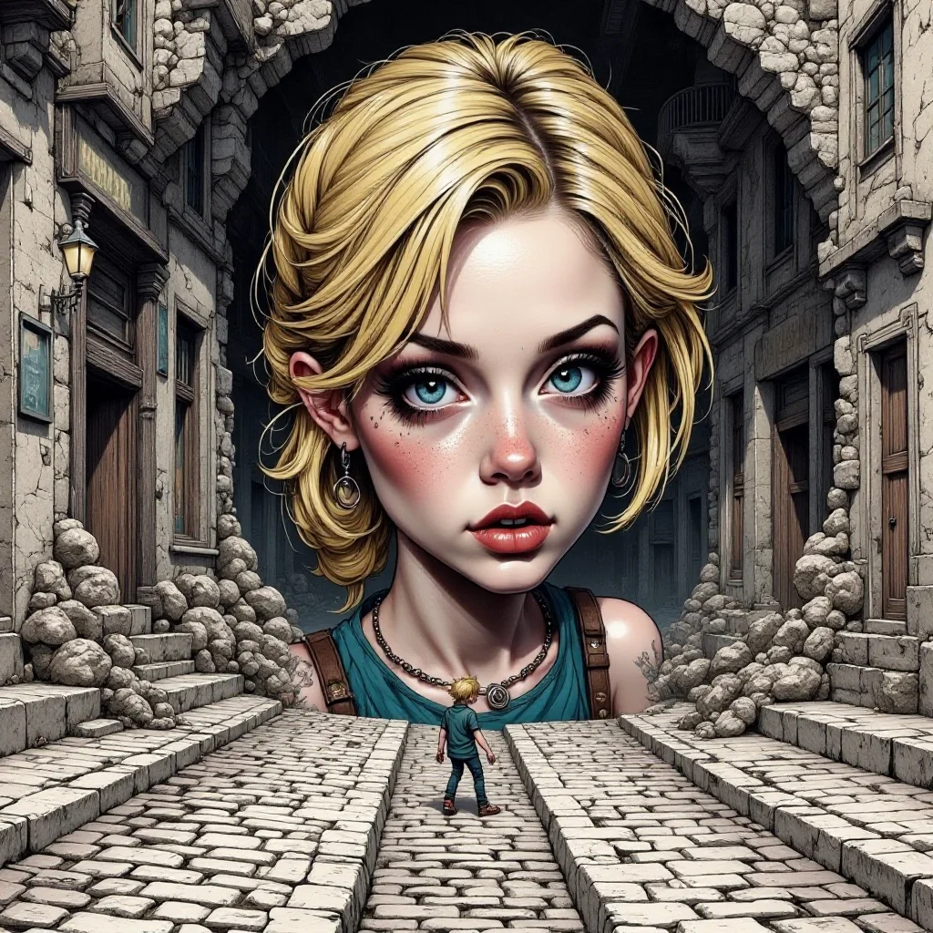 babel-pencil,a mixture of styles, hyperrealism, fisheyes, and digital art style, surreal horror scene ultra hd exaggerated caricature, close-up of a small, blonde woman, engulfed by a pedestrian crossing itself engulfed by the depths of the earth, the passage pedestrian slumps in a cobblestone street as if the street is opening, constructing a boundary