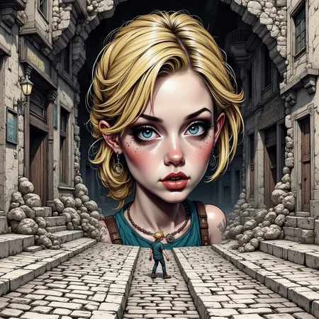 babel-pencil,a mixture of styles, hyperrealism, fisheyes, and digital art style, surreal horror scene ultra hd exaggerated caricature, close-up of a small, blonde woman, engulfed by a pedestrian crossing itself engulfed by the depths of the earth, the passage pedestrian slumps in a cobblestone street as if the street is opening, constructing a boundary