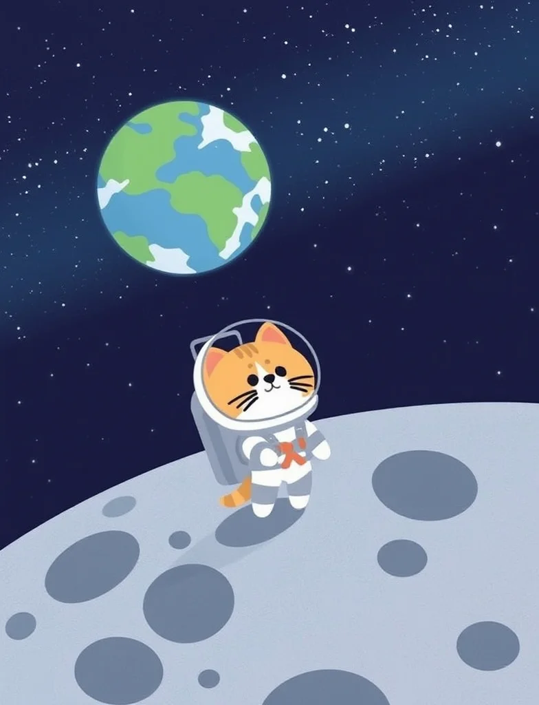 This image is a whimsical illustration depicts a chibi cute cat astranaut standing on the moon surface, looking at the earth in the space, with space suit and helmet