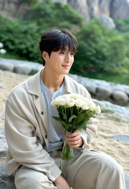 <lora:AsianGuy:1>, AsianGuy, (nodaeng:1.5),  masterpiece, ultra-HD, cinematic lighting, photorealistic, (impressionism:1.5), high detail, depth of field, (blurred background), (dramatic lighting),masterpiece, best quality, very aesthetic,8k,masterpiece, best quality, realistic, masterpiece, best quality, 8k,
, simple_background, short hair, asian boy, handsome man, korean man, extacy on face,, masterpiece, best quality, amazing quality, 1boy, solo, masterpiece, best quality, young man sitting on a rock, relaxed posture, casual outfit (beige jacket, white t-shirt, beige trousers), short dark hair, holding a small bouquet of flowers, slight smile, looking at the camera, outdoor setting, blurred background with architecture, candid lifestyle photography, shallow depth of field, bright and even lighting, sunny day, volumetric lighting