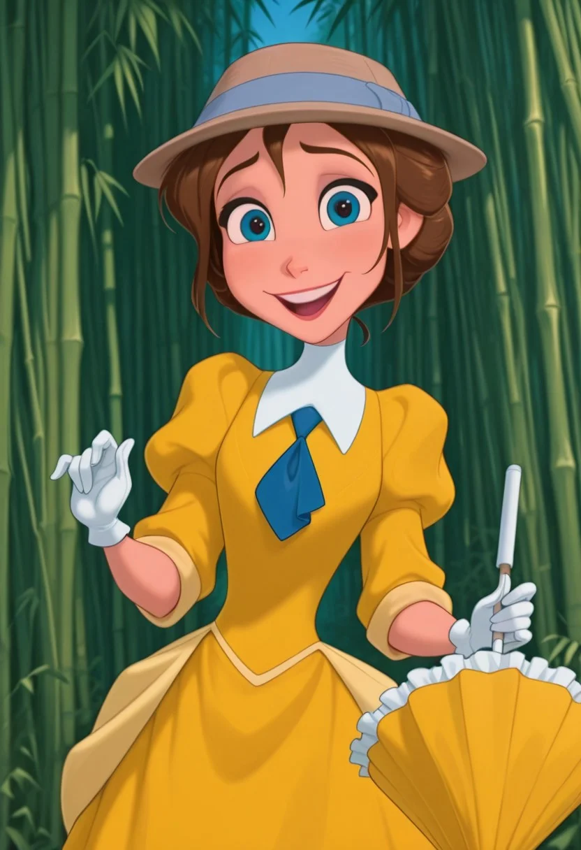 masterpiece, best quality, amazing quality, very aesthetic, absurdres, newest, detailed background, cowboy shot, 4k, 8k, outdoors, beautiful eyes, ralphstyle,
janexd, 1girl, brown hair, solo, smile, short hair, open mouth, puffy sleeves, blue eyes, yellow dress, blue necktie, looking at viewer, white gloves, hat, holding, parasol, bamboo forest,