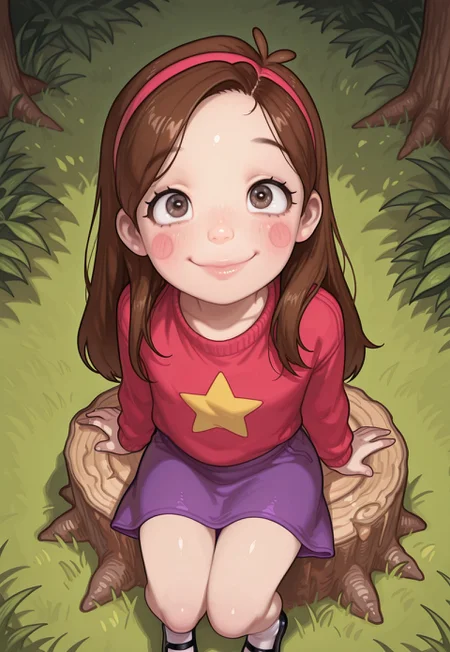 safe_pos, safe_pos, score_9, score_8_up. score_7_up, masterpiece, detailed nose, detailed lips, perfect face, young face,perfecteyes,1 girl, flat chest ,solo, mabel pines, long hair, brunette hair, dark brown eyes,reddish headband,reddish pink sweater,,loose purple skirt, (knee high white socks,black mary jane shoes),skirt,pink rosy cheeks,(front view),sitting on tree stump,grass,in green forest,day,,looking up at viewer,facing viewer,((front angle)),((wide smile)),yellow star on sweater,low view,glossy lips,(wide open eyes),sweater over skirt,closed mouth,far view,