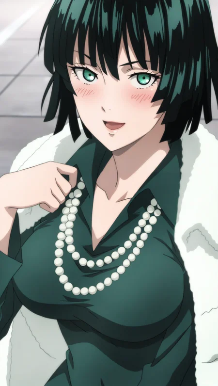 source_anime, masterpiece, best quality, amazing quality, anime screencap, high quality, 8k, absurdres, official style, 1girl, solo, looking at viewer, open mouth smile, blush, upper body, <lora:Fubuki_iL:0.8>, fu8uk1, green eyes, black hair, short hair, bangs, green dress outfit, dress, green dress, breasts, large breasts, jewelry, necklace, pearl necklace, coat, jacket on shoulders, fur coat, long sleeves,
