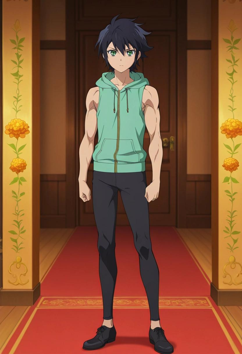 masterpiece, best quality, intricate details, anime screencap, anime coloring, official style, looking at viewer, 1boy, solo, male focus, <lora:yuuichirou_hyakuya_ilxl:0.98>, yuuichirou_hyakuya, black hair, green eyes, short hair, hair between eyes, , , , Marigold Tweed Performance leggings, Sleeveless muscle hoodie, Monk strap shoes, , and