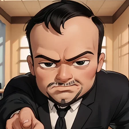 score_9, score_8, score_7, 1boy, solo, chibi, light black hair, straight bangs hair, light black eyes, disgust, light black necktie, formal, light black suit, light black hoodie uniform, light black pants, light black shoes, double pointing at viewer, office, upper body