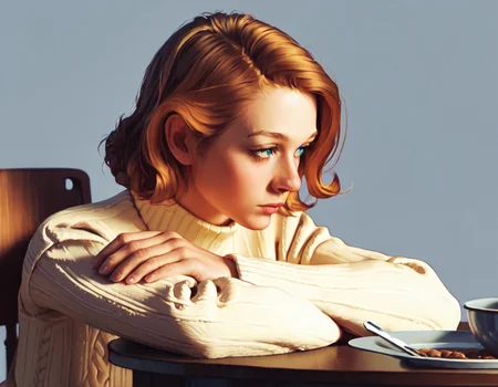 score_9, score_8_up, score_7_up, score_6_up, score_5_up, score_4_up, norman rockwell style BREAK 1girl, solo, sitting on chair at kitchen table, shoulder-length hair, long sleeve sweater, long skirt, arms crossed, close up, detailed, looking to the side