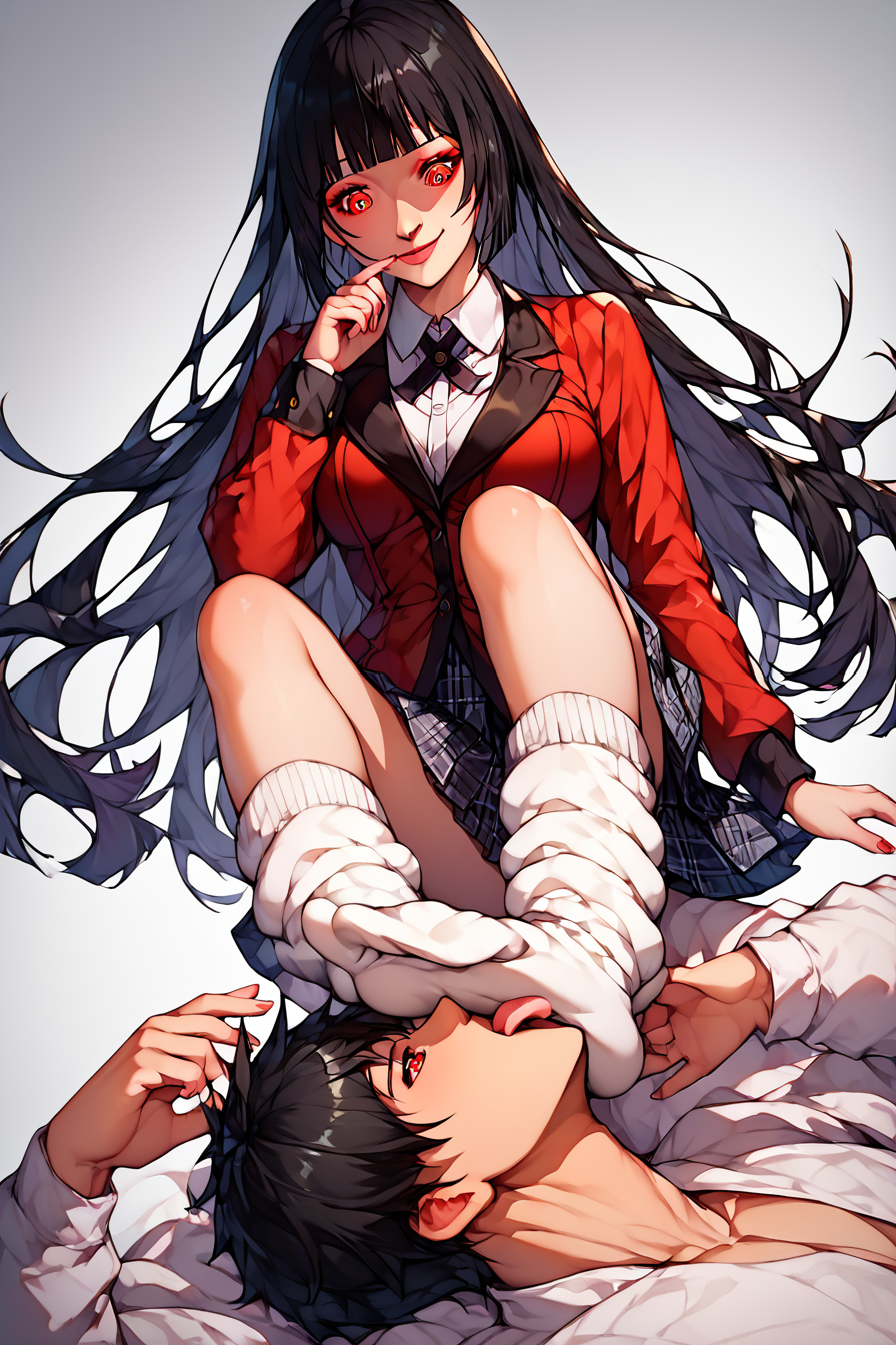 score_9, score_8_up, score_7_up, score_6_up, score_5_up, score_4_up,  <lora:kakegurui_jabami_ponyXL:0.8> ,jabami yumeko, hime cut, red eyes, school uniform, red jacket, long sleeves, white shirt, black ribbon, black skirt, plaid skirt, masterpiece, highres, highly detailed face, highly detailed shining eyes, symmetrical highly detailed eyes, simple background, white background, <lora:sock_pantyhose_licking-000017:0.8>, 1girl, 1boy, white socks, licking socks, loose socks, 4_toes, femdom, looking down,