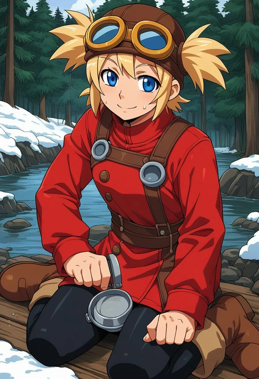 score_9, score_7_up, source_anime, BREAK solo, <lora:Pratty_XL:1> Pratty, blue eyes, short hair, light blonde, short twintails, hair through headwear, goggles, brown headwear, red shirt, short over long sleeves, black long sleeves, red skirt, black pantyhose, leather breastplate, brown footwear, smile, cold forest, taiga, snow,, river, mill