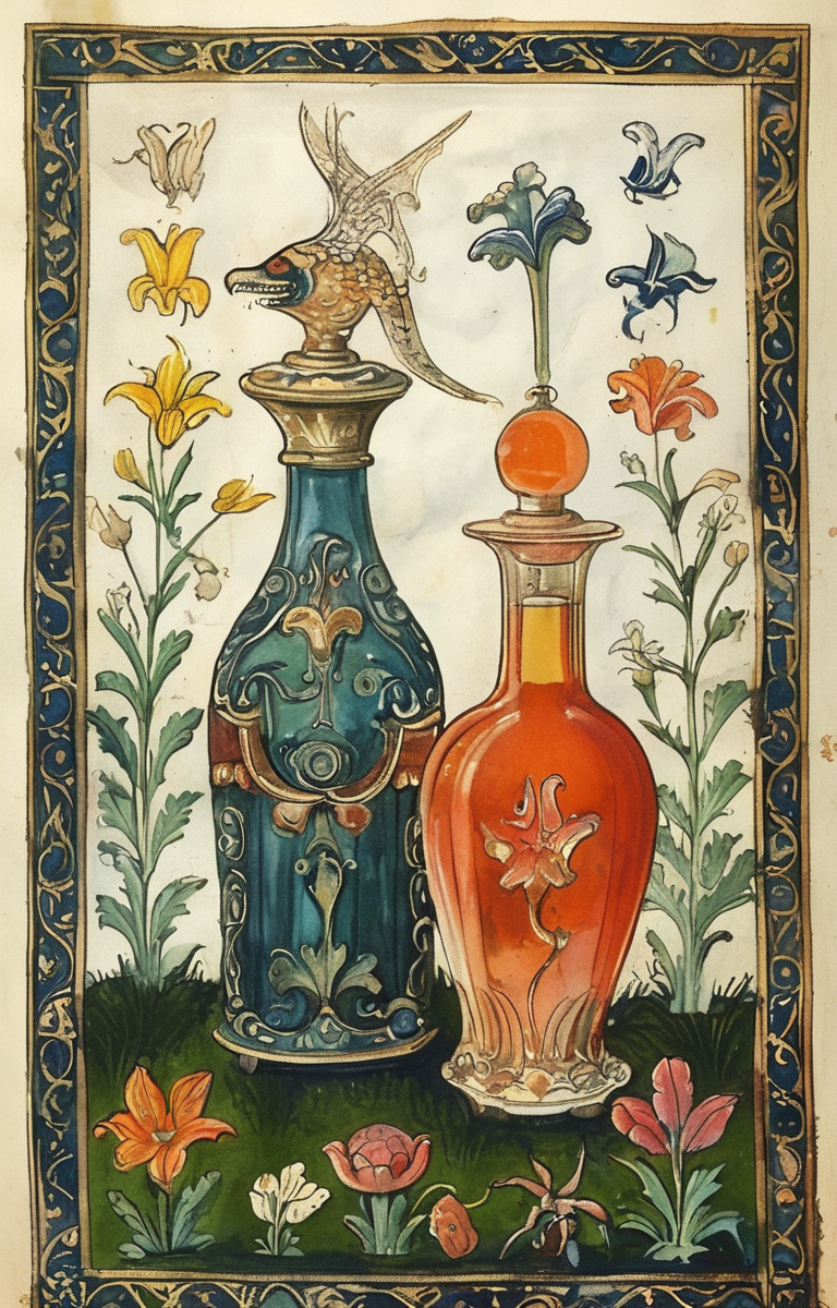 masterpiece,best quality,<lora:tbh207-sdxl:0.9>,illustration,style of Aberdeen Bestiary A bottle of perfume in garden