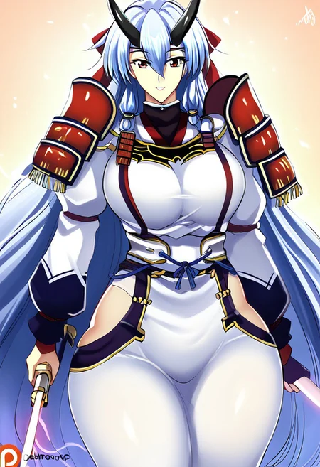 score_9, score_8_up, score_7_up, source_anime, BREAK, easynegative, FastNegativeV2, EasyNegativeV2, F4n-n0-h1tori, haganef style, breasts, 1girl, solo,sexy body , young, anime, mature, young, adult, sexy BODY, SLIM WAIST, 1GIRL, SOLO, legs, body mature, and adult, legs,large breasts,,mature woman, large breasts, adult, mature body, five fingers, smile
Tomoe, 1girl, solo, red eyes, light blue hair, very long hair, hair between eyes, parted bangs, oni horns, hair ornament, white Headband, Samurai armor, Traditional Japanese armor plating, Decorative chest plate, Shoulder guards armor, White hakama-style pants, Armored gauntlets (black and red), Additional katana on the back, holding a naginata,