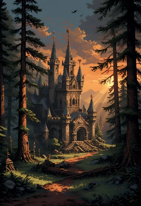 score_9, score_8_up, score_7_up, pixel art, 
castle school of magic, 
mountain forest, far away, sunrise, adventure, journey, 
god rays,
 with bursts of bright colors,
in the style of a vintage, high-contrast setting, dark and mysterious atmosphere, Resplendent spotlighting, Emphasize theatrical elements,
hyper-detailed, scifi, dramatic light,
yamer_pixel_fusion, 
d3p1x3l, pixel art,