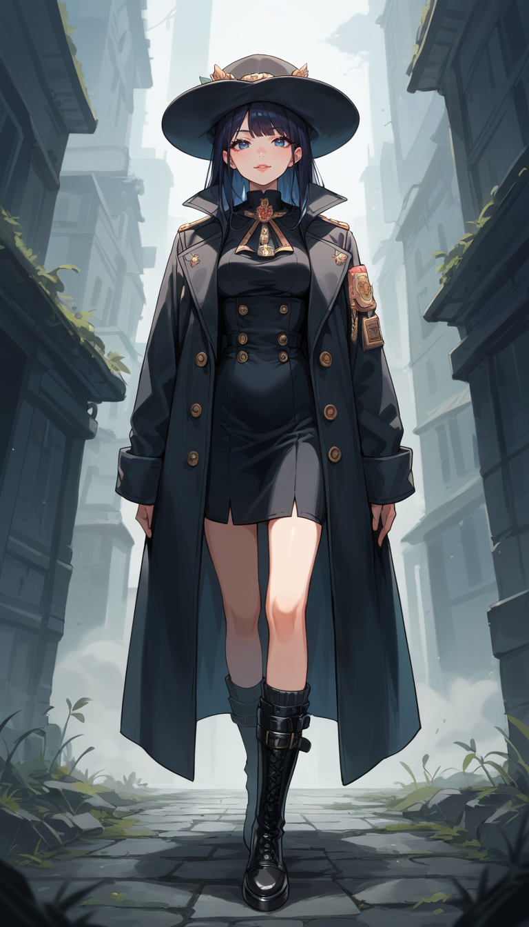 score_9, score_8_up, score_7_up, Anime Style, Full Body Shot, A shadowy human figure, cute, seductive, innocent, light smile:0.3, plump lips, slender body, in a long coat and hat, black boots, intense fog background, depth of field, dynamic angle, fashion photography, sharp, hyperdetailed:1.15