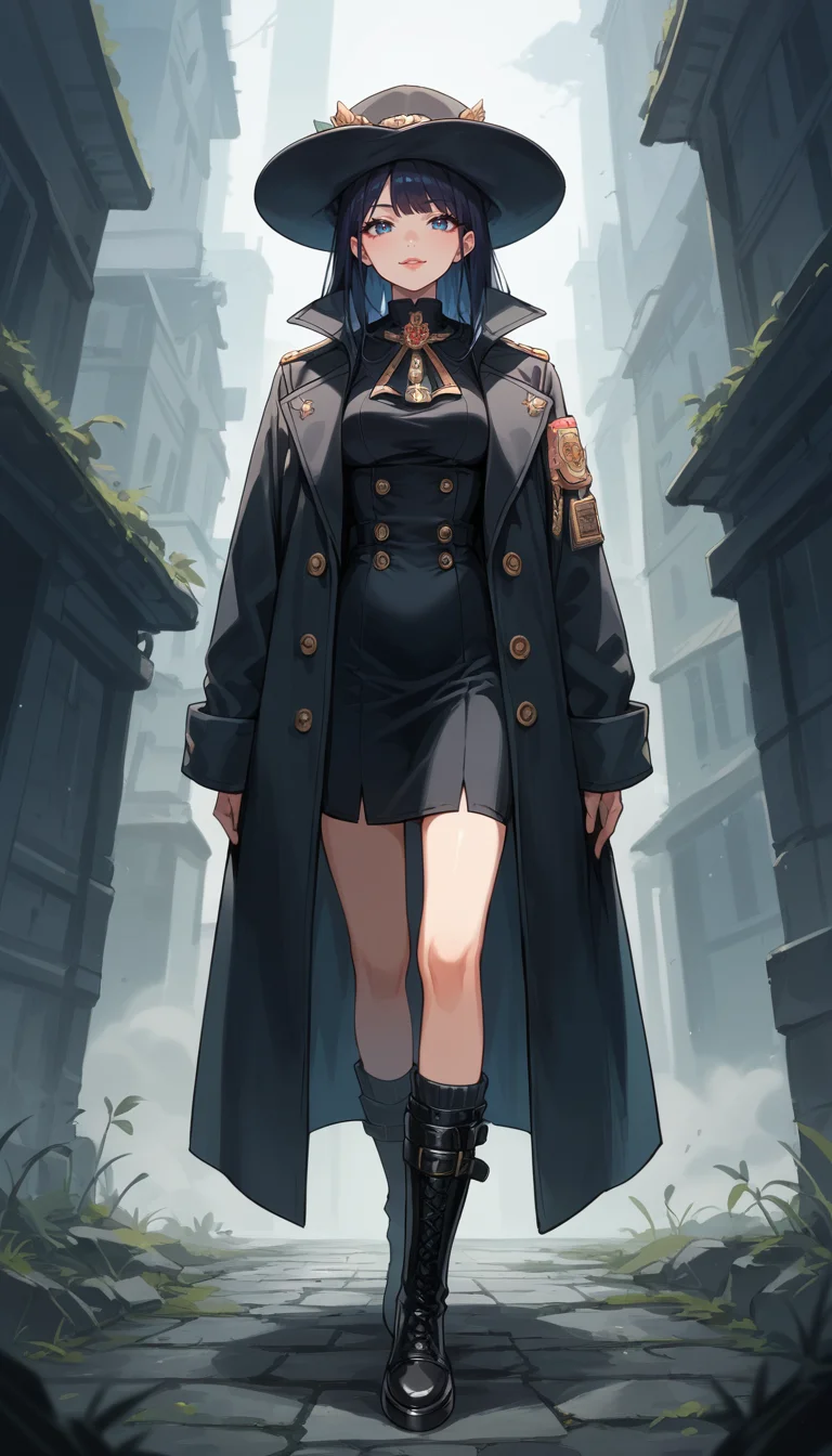 score_9, score_8_up, score_7_up, Anime Style, Full Body Shot, A shadowy human figure, cute, seductive, innocent, light smile:0.3, plump lips, slender body, in a long coat and hat, black boots, intense fog background, depth of field, dynamic angle, fashion photography, sharp, hyperdetailed:1.15