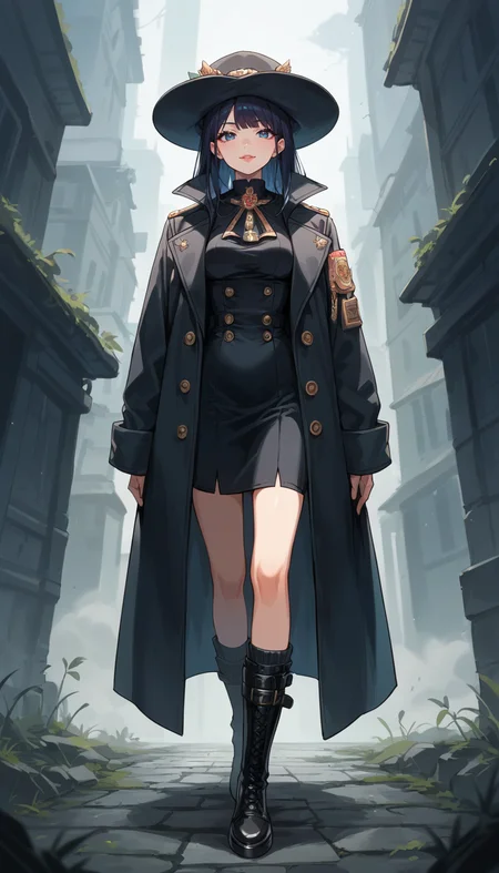 score_9, score_8_up, score_7_up, Anime Style, Full Body Shot, A shadowy human figure, cute, seductive, innocent, light smile:0.3, plump lips, slender body, in a long coat and hat, black boots, intense fog background, depth of field, dynamic angle, fashion photography, sharp, hyperdetailed:1.15