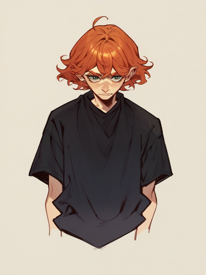 score_9, score_8_up, score_7_up, score_6_up, score_5_up,  <lora:jabro_64XLP:1> jabro_64, bangs, black shirt, solo, ginger hair
