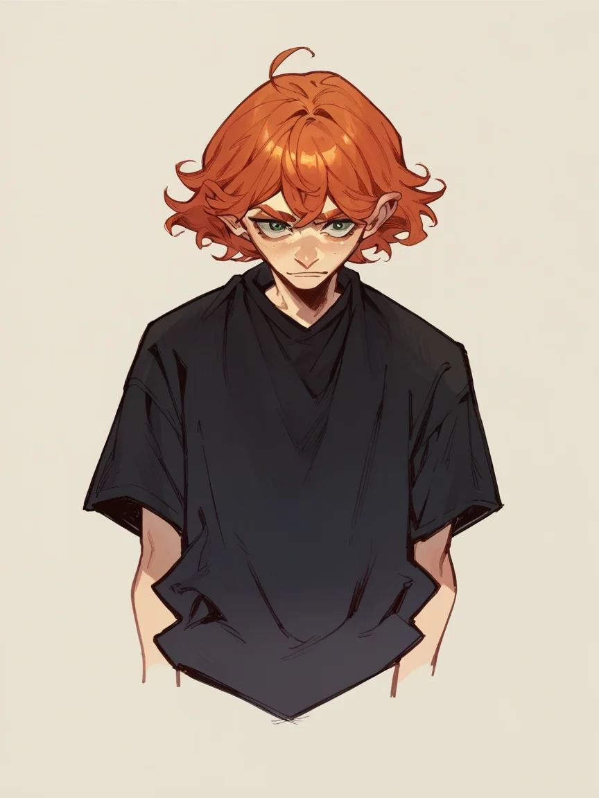 score_9, score_8_up, score_7_up, score_6_up, score_5_up, <lora:jabro_64XLP:1> jabro_64, bangs, black shirt, solo, ginger hair