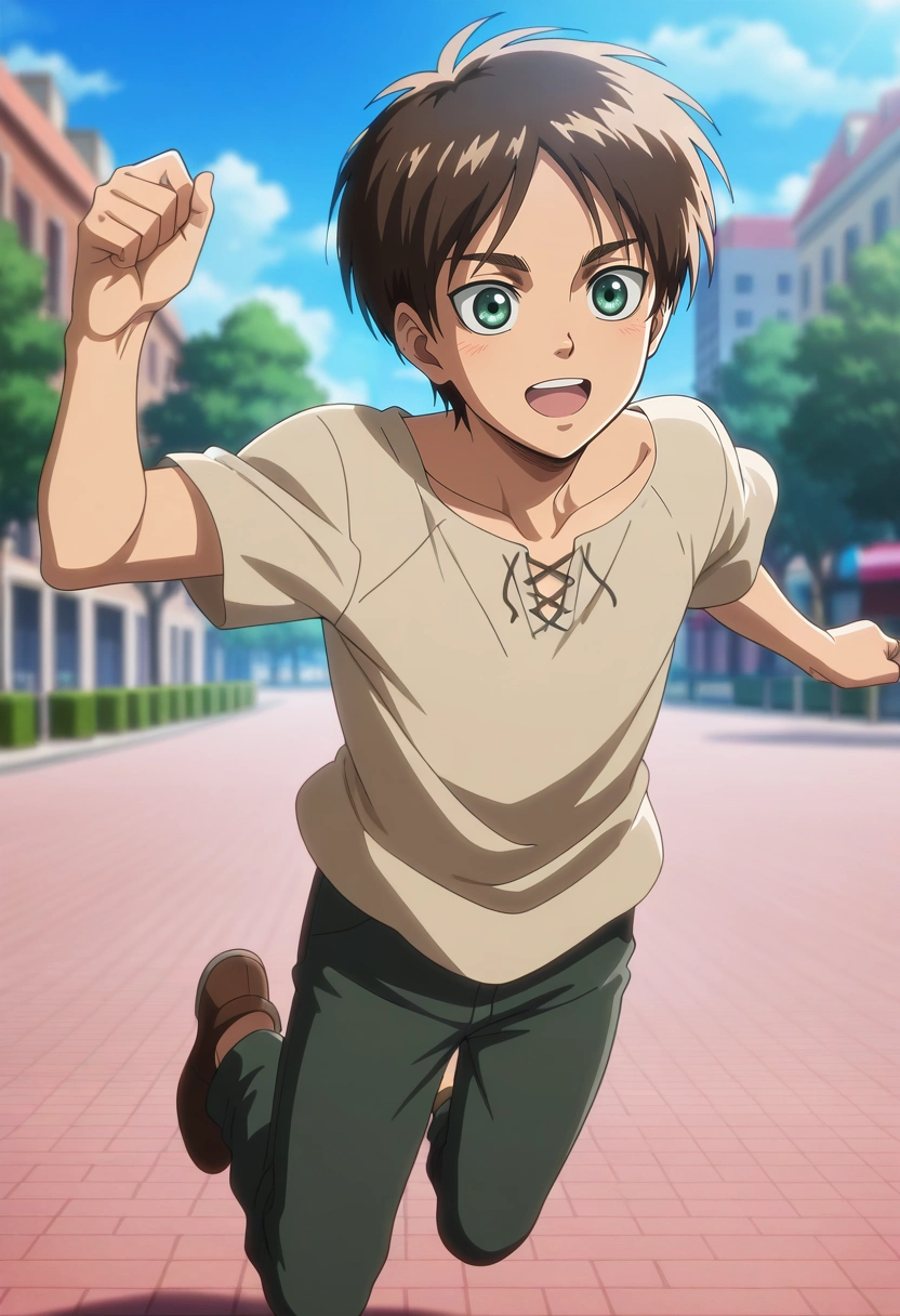 masterpiece, best quality, intricate details, anime screencap, anime coloring, , , depth of field, 1boy, solo, male focus, <lora:eren_yeager_ilxl:0.76>, eren_yeager, brown hair, green eyes, focused, plaza, day, sunny, jumping, relaxed,
