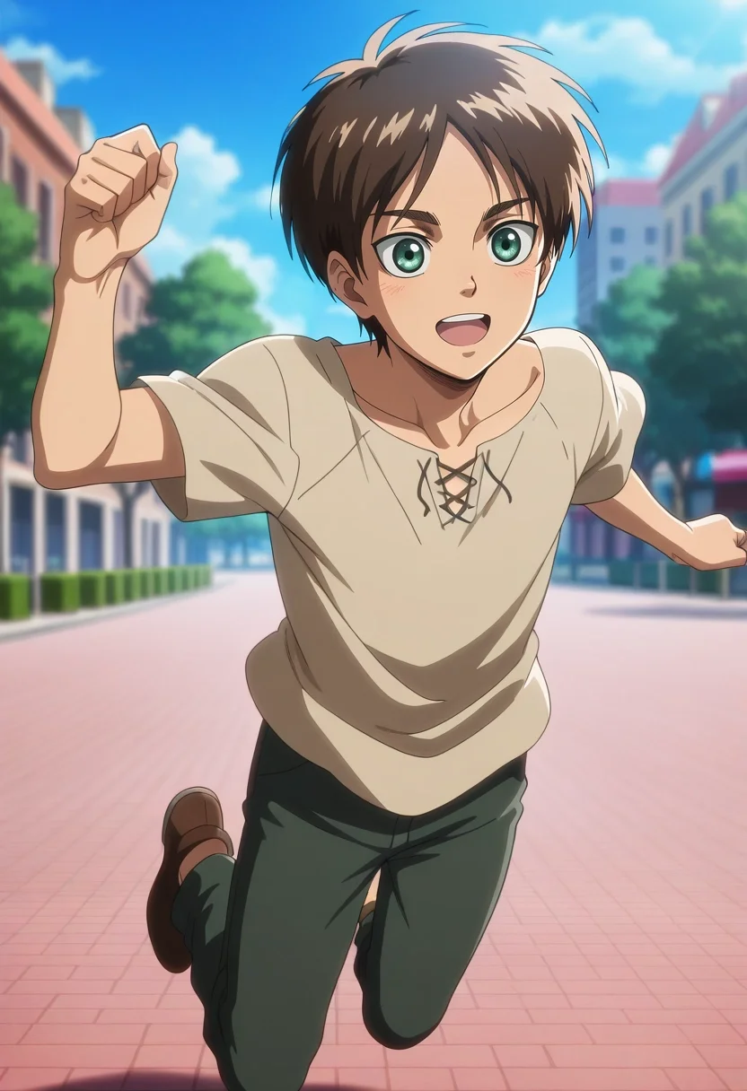 masterpiece, best quality, intricate details, anime screencap, anime coloring, , , depth of field, 1boy, solo, male focus, <lora:eren_yeager_ilxl:0.76>, eren_yeager, brown hair, green eyes, focused, plaza, day, sunny, jumping, relaxed,