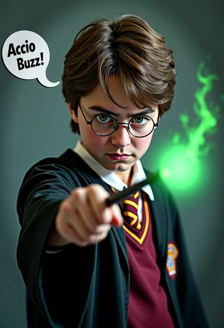 Angry Harry Potter in Hogwarts school dress, casting a spell with his wand to the viewer, green spell comes from the wand. ))A speech bubble that extends above his head that says "Accio BUZZ!")).  realistic, photography, portrait,