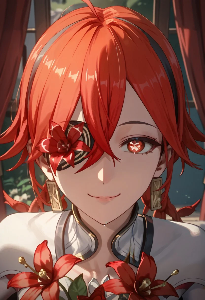 score_9,score_8_up,score_7_up,source_anime,CAMELLYA_(FORTE),1girl,solo,smile,1boy,closed mouth,flower,symbol-shaped pupils,portrait,red flower,curtains,close-up,one eye covered,flower-shaped pupils,