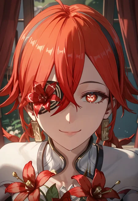 score_9,score_8_up,score_7_up,source_anime,CAMELLYA_(FORTE),1girl,solo,smile,1boy,closed mouth,flower,symbol-shaped pupils,portrait,red flower,curtains,close-up,one eye covered,flower-shaped pupils,