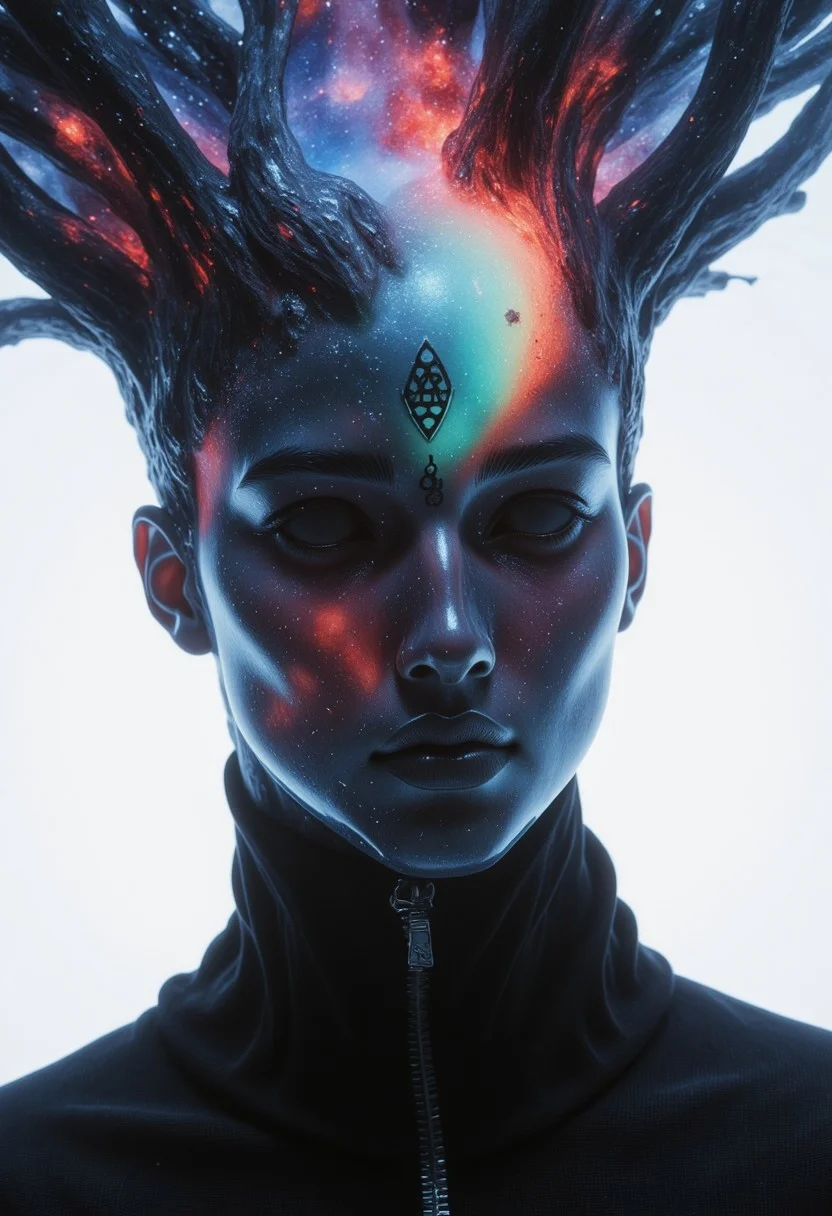 A rootform celestial, ethereal portrait of an infinite godlike oak tree being. Its head is a vast, translucent expanse, revealing swirling galaxies, cosmic storms, and nebulae endlessly shifting within. A dark, sleek robe, adorned with intricate, ancient glyphs of unknown origin, drapes over its form, merging technology with divinity. The face is an abyss—an unfathomable void filled with the luminous dance of stars and time itself. The cosmic background extends infinitely, woven with nebulae and stardust, suggesting the deity's boundless presence. Dramatic lighting emanates from the being’s core, casting radiant highlights across its crystalline essence. The mood is transcendent, awe-inspiring, evoking the silent majesty of an omniscient force. A surreal fusion of sci-fi and divine mysticism, with high contrast and deep shadows. The perspective, slightly below, reinforces its overwhelming presence. The being exists beyond time, beyond space—an eternal watcher, gazing through the infinite fabric of existence. nistyle Closeup, a dark ethereal ghosts black hood, Killing Gaze smile, eerie, eyes Shrouded in darkness, hyperdetailed, with bleached vibrant red color Highlights, grey, and white color grading. Translucent Neon Pink, blue, green Backdrop with Glitch effects in another contrast application