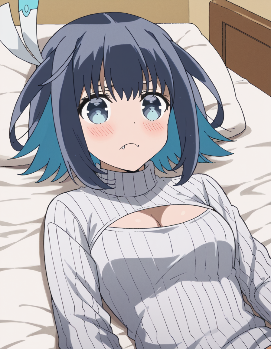score_9, score_8_up, score_7_up, source_anime, <lora:konoha-akisato-s1-ponyxl-lora-nochekaiser:1>, konoha akisato, blue eyes, black hair, blue hair, multicolored hair, fang, two-tone hair,, <lora:open-chest-sweater-ponyxl-lora-nochekaiser:1>, open-chest sweater, ribbed sweater, cleavage cutout, meme attire, clothing cutout, turtleneck, sweater dress, cleavage, clothes tug, sweater pull, cleavage reach,, indoors, bed, bed room, blush, on bed, on back, , cowboy shot, dutch angle