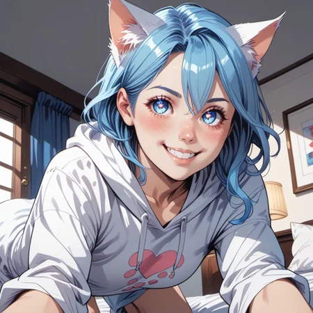 score_9, score_8_up, score_8, commix style, 1girl, Catgirl, slimes_aizome, solo, blue hair, white cat ears, white cat tail, heart eyes, oversized hoodie, on bed, all fours, leaning forward, face focus, highly detailed, dynamic angles, dynamic pose, very amazed, smile, big eyes, Expressiveh, vivid colors, looking at viewer, low angle, view from below