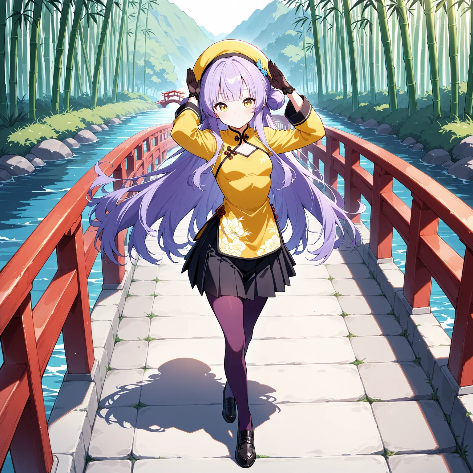 (masterpiece), (best quality), (ultra-detailed), (best illustration), (best shadow), (absurdres), (very aesthetic), 1girl, solo, <lora: ReinV2:1>, rein, purple hair, yellow eyes, long hair, hair buns, small breasts, yellow hat beret, yellow chinese clothes, long sleeves, black skirt, pleated skirt, midi skirt, knee-length skirt, purple pantyhose, black silk gloves, black loafers, full body, tai chi pose, red chinese bridge, river, bamboo forest