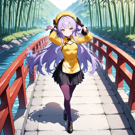 (masterpiece), (best quality), (ultra-detailed), (best illustration), (best shadow), (absurdres), (very aesthetic), 1girl, solo, <lora: ReinV2:1>, rein, purple hair, yellow eyes, long hair, hair buns, small breasts, yellow hat beret, yellow chinese clothes, long sleeves, black skirt, pleated skirt, midi skirt, knee-length skirt, purple pantyhose, black silk gloves, black loafers, full body, tai chi pose, red chinese bridge, river, bamboo forest
