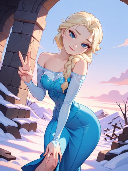 highres, hi res, best quality, masterpiece,
1girl, medium breasts, narrow waist, wide hips, (ElsaXL:1.1), blonde hair, blue eyes, single braid, hair over shoulder, blue dress, bare shoulders, long sleeves, long skirt,
light smile, dutch angle, naughty pose, looking at viewer, snow, ruins, sky, clouds, daylight, portrait, dynamic pose, cowboy shot, head tilt, v, one hand on knee,
 <lora:ElsaXL_Character:0.75><lora:[Kajin-man] Artist Style IllustriousXL:0.85>