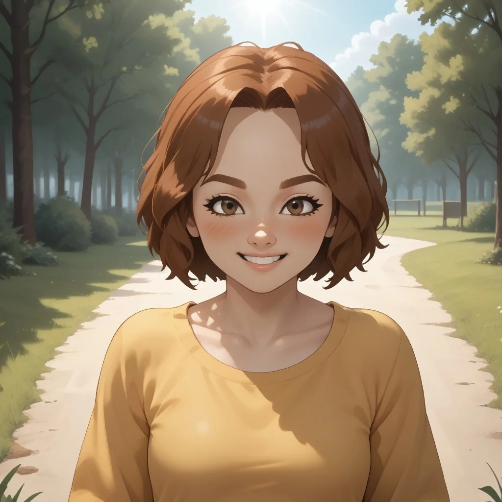 score_9, score_8, BREAK, solo, wii, mii, wii sports, female mii, 1girl, auburn hair, auburn eyebrows, brown eyes, blush, yellow clothing, white pants, shoes, nintendo mii, modern_mii, classic_mii, small breasts, Giulia_(Wii_Sports), cute, sexy pose, smile, outdoors, sunlight, shadows, evening lighting, natural lighting, forest, trees, grass, orange sky, sunset