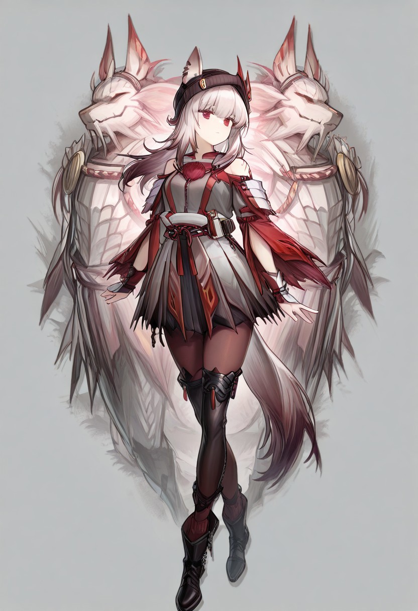1girl,solo,looking at viewer,simple background,white background,,masterpiece, best quality, very aesthetic, absurdres,newest, incredibly absurdres,, toshizou \
frostleaf_(arknights), 1girl, red eyes, off shoulder, fox ears, fox tail, long hair, white hair, oripathy lesion (arknights)
((mizutsune armor, white detached sleeves, black thighhighs, white wataboushi,))
tactical
(((((pantyhose, grey shirt, headphones, black headwear, ears through headwear, red jacket, black skirt, hat, beanie, open clothes, off-shoulder shirt, black footwear))))
(((Standing))),(full body),
((((ArkElite 2)))
((((((grey background, transparent background, gachagamebackground,)))))
(((((dynamic pose))0,(((((Mizutsune in background))))))