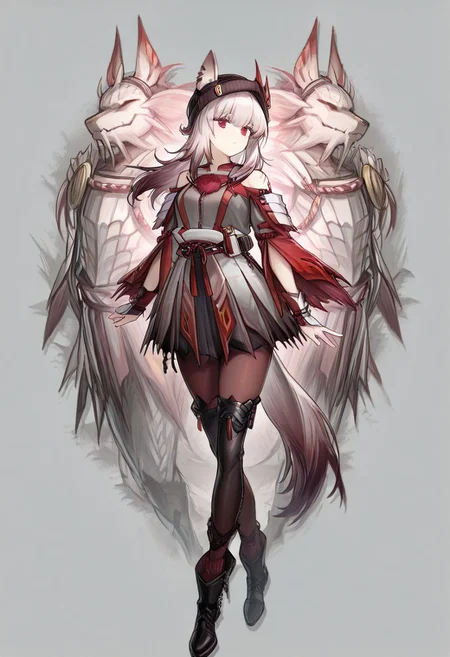 1girl,solo,looking at viewer,simple background,white background,,masterpiece, best quality, very aesthetic, absurdres,newest, incredibly absurdres,, toshizou \
frostleaf_(arknights), 1girl, red eyes, off shoulder, fox ears, fox tail, long hair, white hair, oripathy lesion (arknights)
((mizutsune armor, white detached sleeves, black thighhighs, white wataboushi,))
tactical
(((((pantyhose, grey shirt, headphones, black headwear, ears through headwear, red jacket, black skirt, hat, beanie, open clothes, off-shoulder shirt, black footwear))))
(((Standing))),(full body),
((((ArkElite 2)))
((((((grey background, transparent background, gachagamebackground,)))))
(((((dynamic pose))0,(((((Mizutsune in background))))))