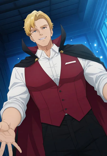 safe_pos, safe_pos, score_9, score_8_up, score_7_up, score_6_up, perfect anatomy, perfect proportions, best quality, masterpiece, high_resolution, high quality, best aesthetic, incredibly absurdres, highres, extremely detailed, huge filesize, solo male, adult, mature, masculine, manly, handsome, charming, alluring, seductive, heroic, standing, upper body, dutch angle, cowboy shot, perfect face, perfect eyes, source_anime, anime coloring, BBBSmith, Lewis Smith \(Brave Bang Bravern\), blue eyes, BBBSmith_hairstyle01, short hair, blond hair, BBBSmith_outfit18, vampire outfit, fangs, white buttoned shirt, red vest, dark cape, black pants, low angle, cinematic still, emotional, harmonious, vignette, bokeh, cinemascope, moody, epic, gorgeous, indoors, dar, night, smirk, from front