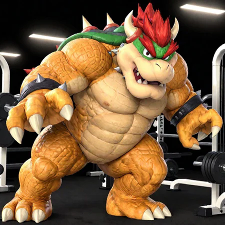 Bowser, flexing his muscles, at the gym,