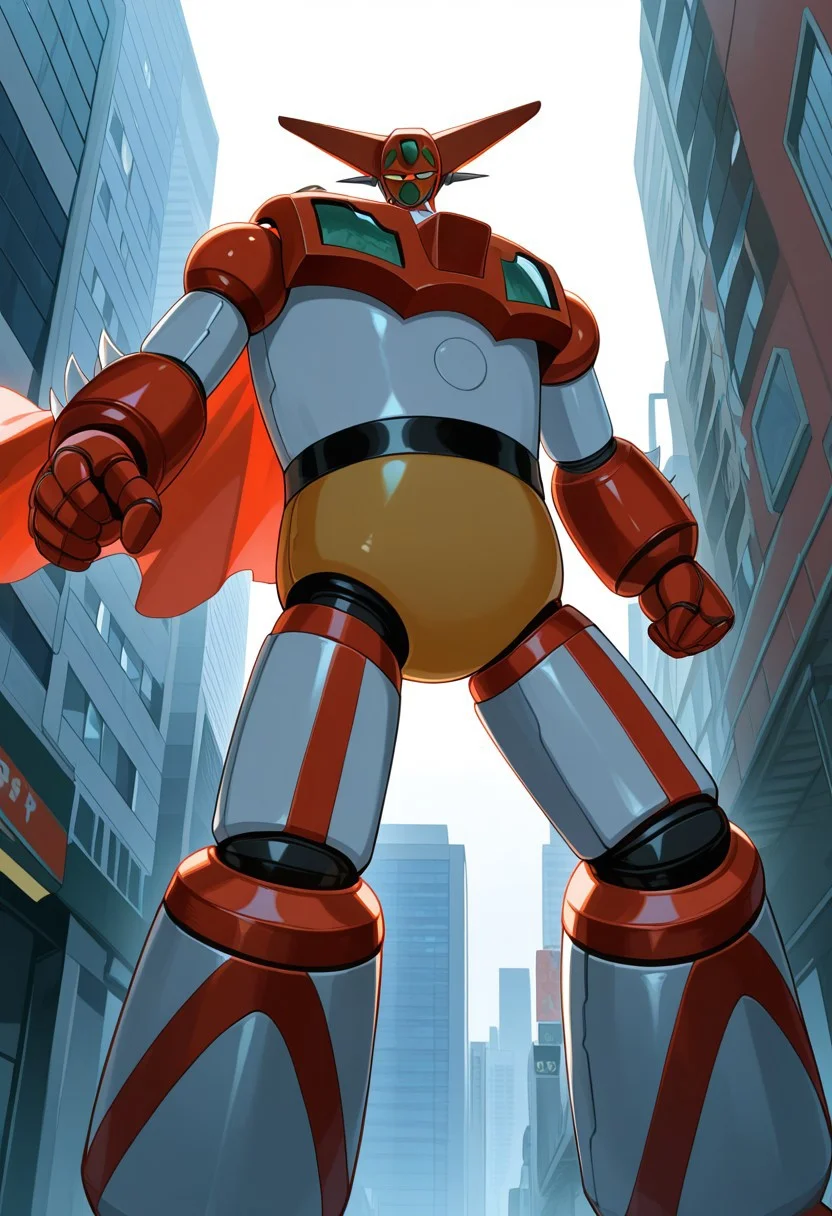 score_9, score_8_up, score_7_up, score_6_up, score_5_up, score_4_up, 4k quality, detailed, dramatic lighting, (getter robo, super robot, mecha), solo, 1boy, (no humans), best quality, masterpiece, in city, bright sunny day, ((low angle view)), looking at viewer