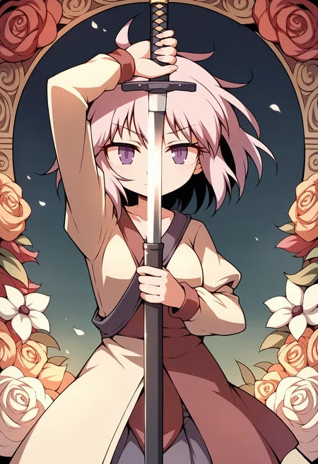 score_9, score_8_up, score_7_up,source_anime,anatomically correct,best perspective BREAK
<lora:Hakika:1> hakika style, floral background,
1girl, <lora:unsheathing_pose_vertical_3_final:1> arm up unsheathing sword