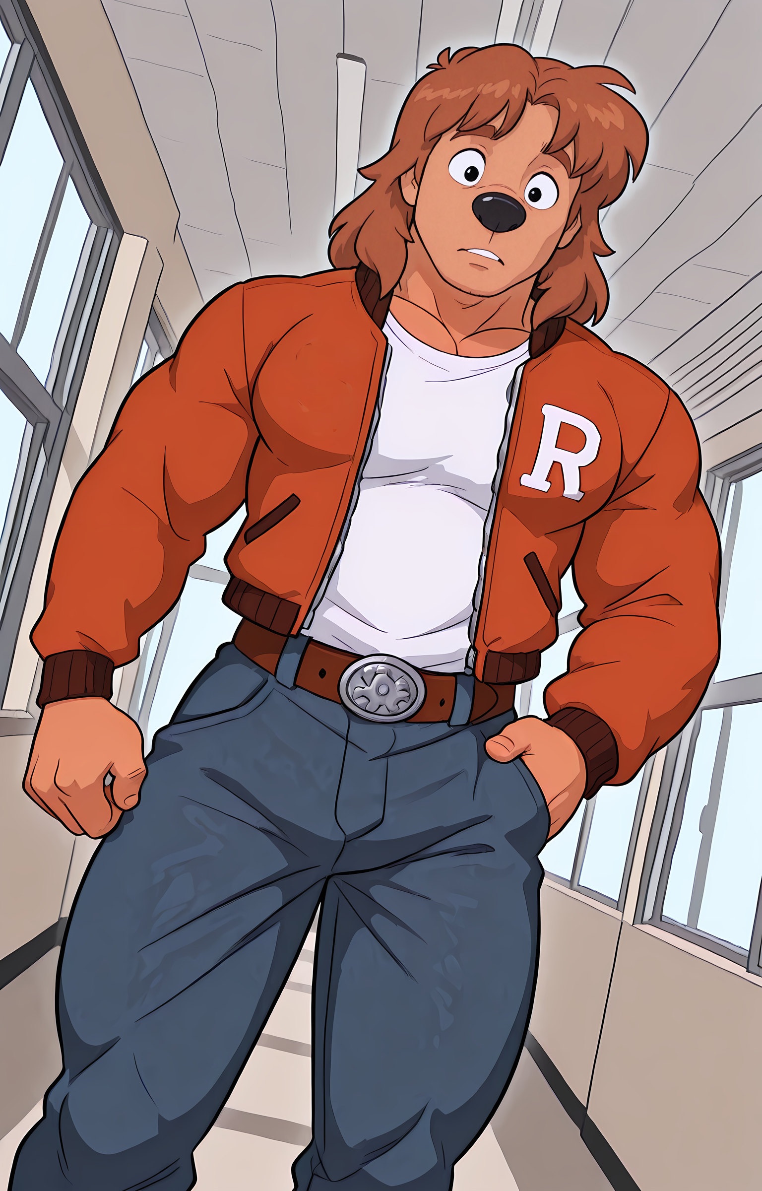 masterpiece, best quality, amazing quality, dutch angle, school hallway, window, sunny day, BREAK
view from below, pec focus, huge pecs, BREAK
1boy, solo, male focus, muscular male, brown hair, medium hair, thick eyebrows, black eyes, black nose, tan body, red jacket, letter jacket, white shirt, belt, jeans, BREAK 
<lora:Chad - A Goofy Movie - ILXL:1> <lora:WFA Style - ILXL:1> wfastyle