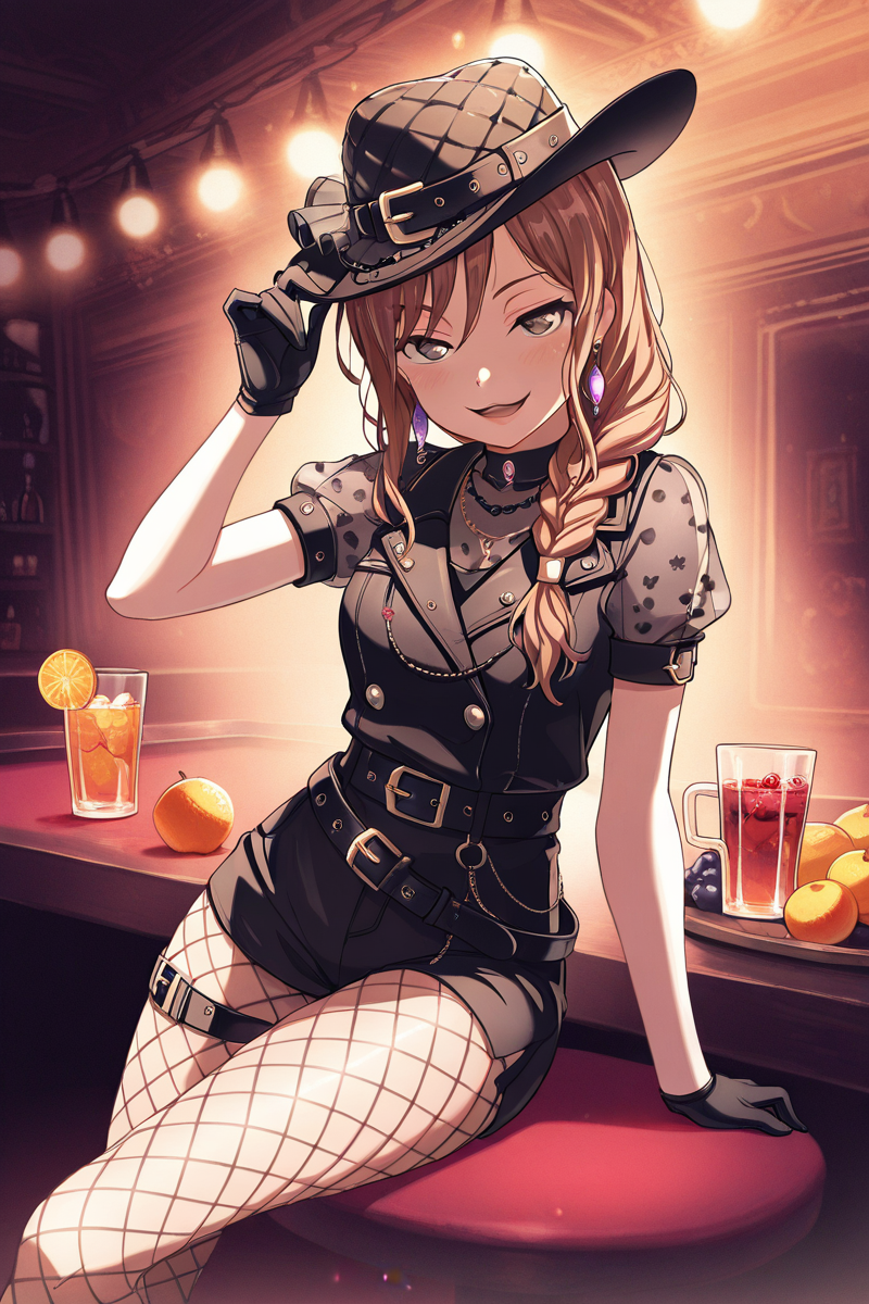 masterpiece, best quality, amazing quality,
 <lora:Lisa_IL:1> lisa_imai, 1girl, gloves, hat, jewelry, earrings, fishnets, solo, black gloves, table, smile, cup, fishnet pantyhose, sitting, pantyhose, short sleeves, open mouth, lewd smile, seductive pose, braid, fruit, looking at viewer, hair over shoulder, lights, belt