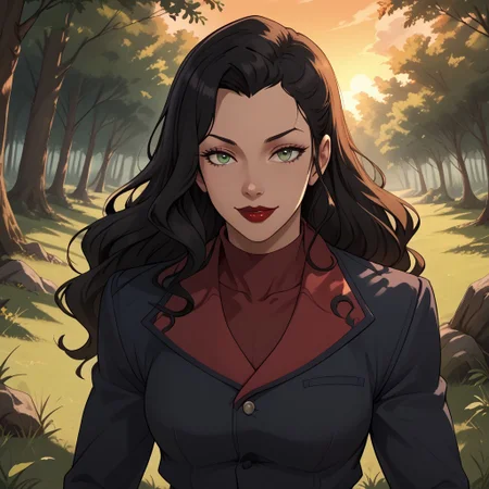 score_9, score_8, BREAK, AsamiSato, long hair, black hair, green eyes, red lips, jacket, skirt, high boots, sexy pose, self portrait, smile, outdoors, sunlight, shadows, evening lighting, natural lighting, forest, trees, grass, orange sky, sunset
