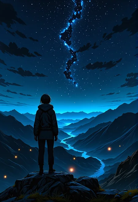 midnight scene of a lone traveler gazing into the distance. The scene showcases a sky filled with shimmering stars and constellations, with rolling mountains in the background. The lighting casts moody blue tones, enhancing the surreal beauty of the landscape. The figure is dressed in a futuristic outfit, adding a feeling of freedom. Small details, like glowing fireflies hovering in the air, bring an extra layer of magic and realism to the scene.}bv-stuanilan<lora:bv-stunning-anime-landscape-v1.safetensors:1.0:1.0>