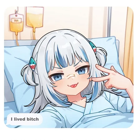 ilivedbitch, 1girl, gawr gura, smile, tongue, tongue out, :p, v-shaped eyebrows, bandaid, bandaid on face, bandaid on nose, hospital gown, hospital, indoors, hospital bed, bed, pillow, blanket, intravenous drip, on bed, lying, on back, looking at viewer, selfie, english text, w, dialogue box, white border,