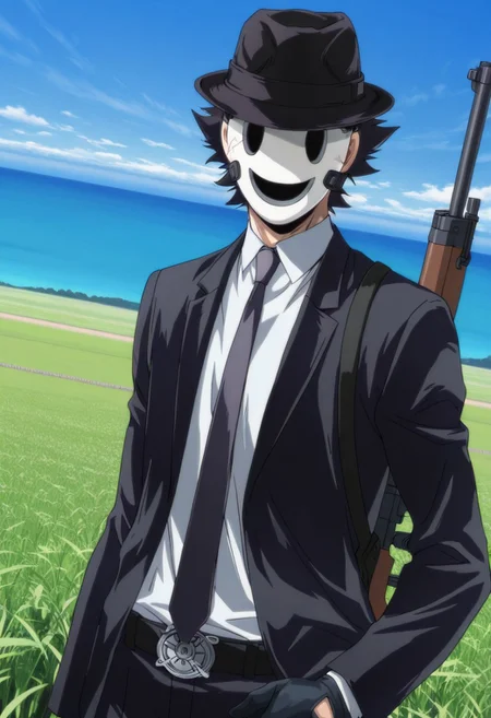 snprmsk, suit, necktie, fedora, sniper rifle, gloves, happy mask, black hair, weapon on back, dutch angle, looking at viewer, green meadow, outdoors, horizon,
Premium, superior, excellent, top-tier, first-rate, top-notch, outstanding, exceptional, elite, deluxe, first-class, finest, superb, impeccable, masterful, world-class, remarkable, exquisite, flawless, gold-standard