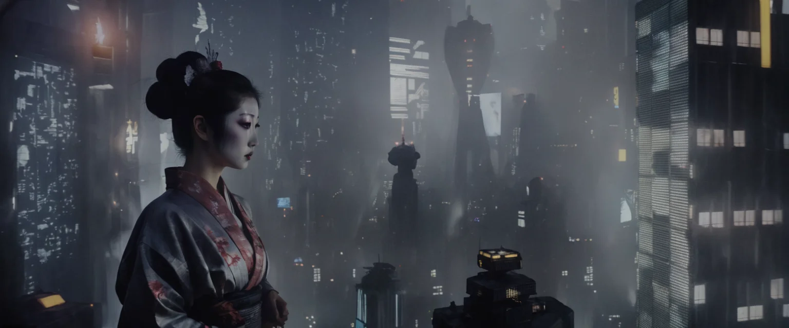 <lora:bldr-000007:1>bldr, a city at night with a lot of lights on the buildings with a geisha woman projected onto the side of a skyscraper, blade runner, retrofuturism