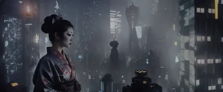 <lora:bldr-000007:1>bldr, a city at night with a lot of lights on the buildings with a geisha woman projected onto the side of a skyscraper, blade runner, retrofuturism