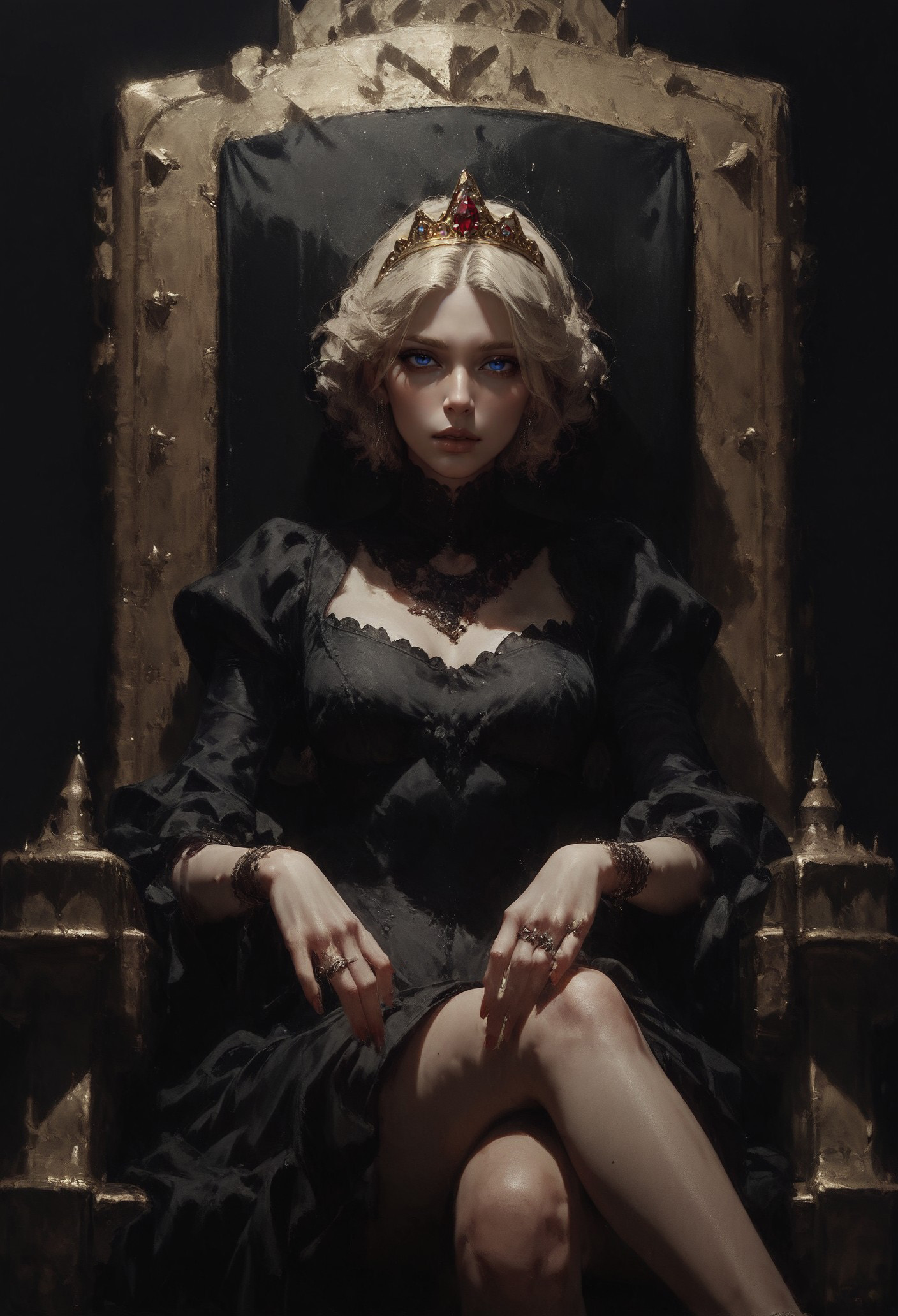 score_9, score_8_up, score_7_up,  queen, blonde hair, portrait, short hair, sitting on a golden throne, red royal dress, castle room, ornate dress, intricate fabrics, white fur, throne room, golden tiara, dark theme, majestic, fantasy, (magic moonlight, star sky:1.2), side view  <lora:pony/twilight_style:0.8> <lora:pony/expressiveh:0.8> expressiveh <lora:sdxl/sinfully_stylish_sdxl>